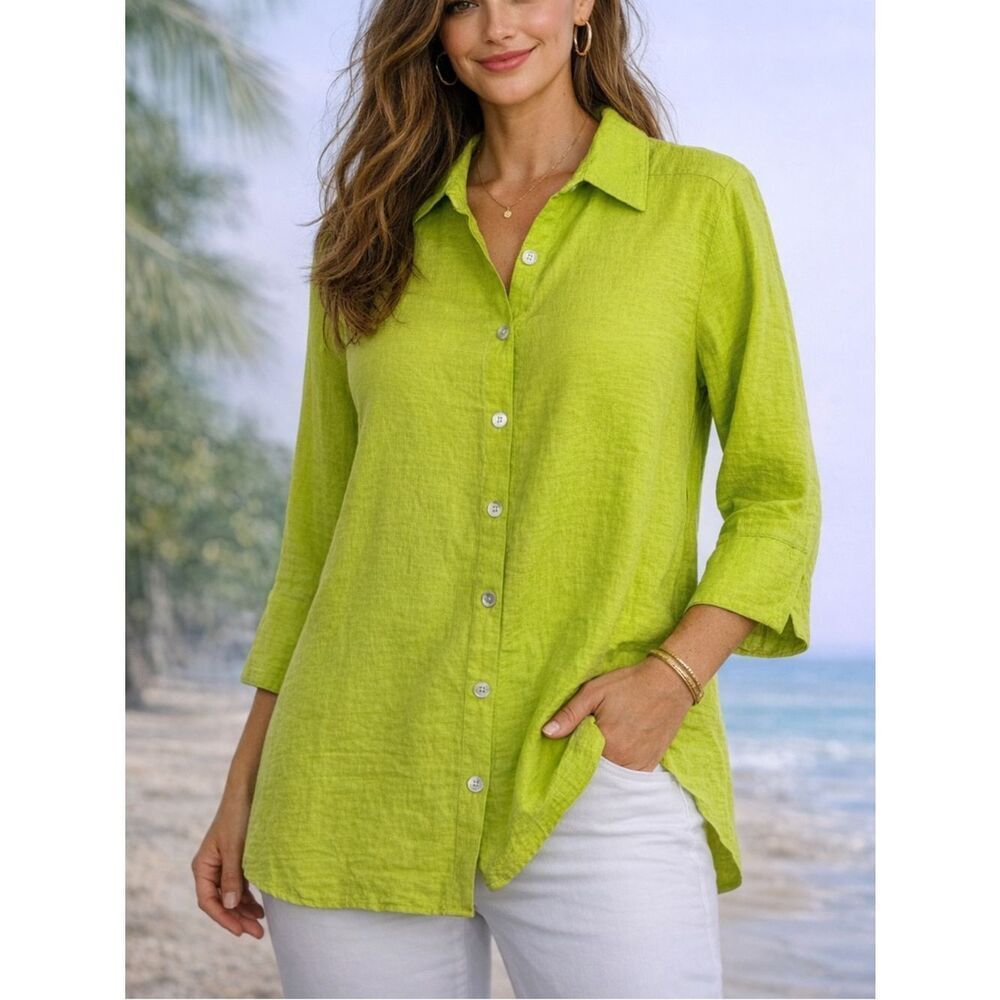 John Mark Lime Green Button Front Tunic Blouse Shirt 3/4 Sleeve Size S